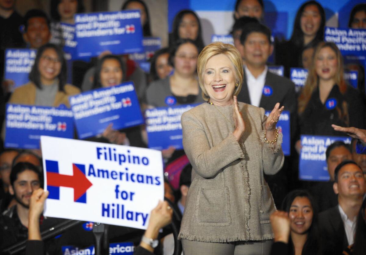 Democratic presidential candidate Hillary Clinton campaigns in the San Gabriel Valley.