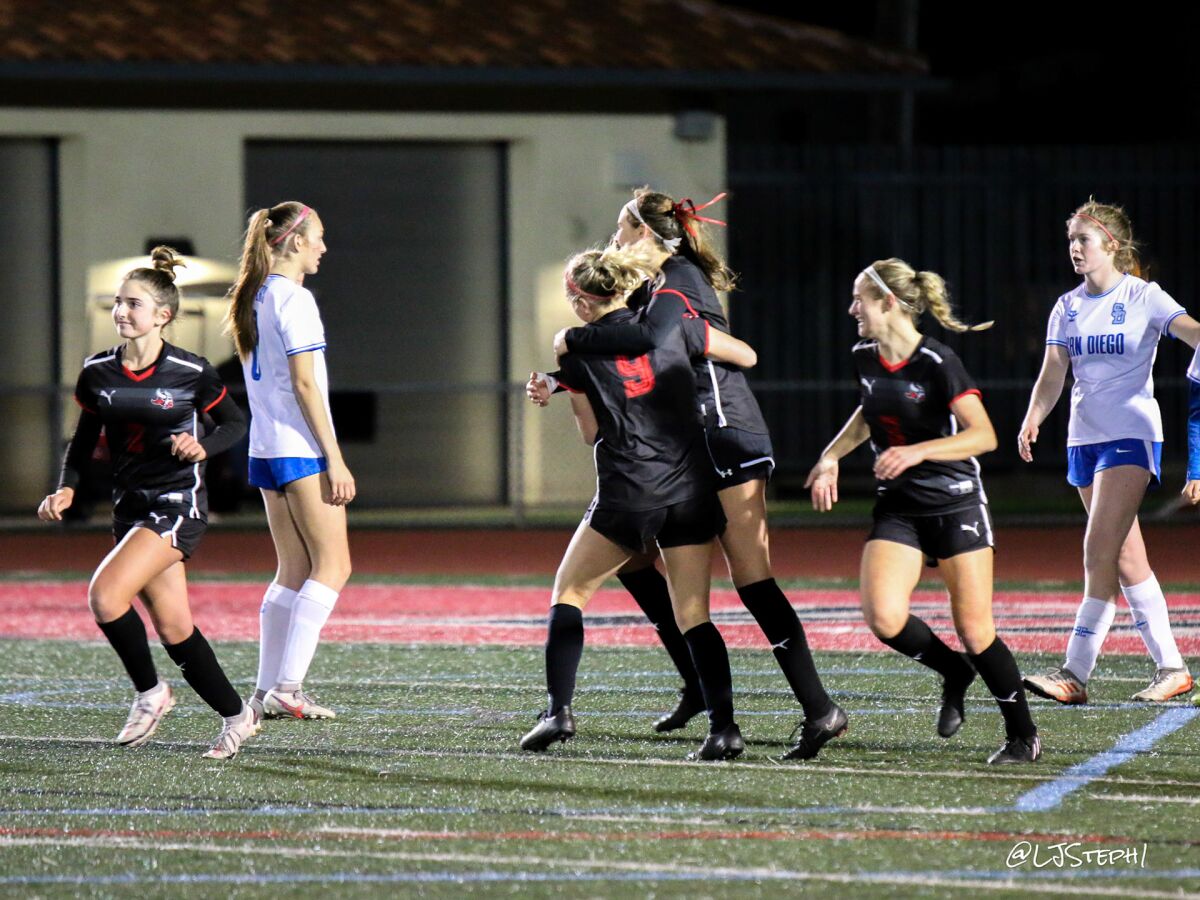 La Jolla High players celebrate a goal.
