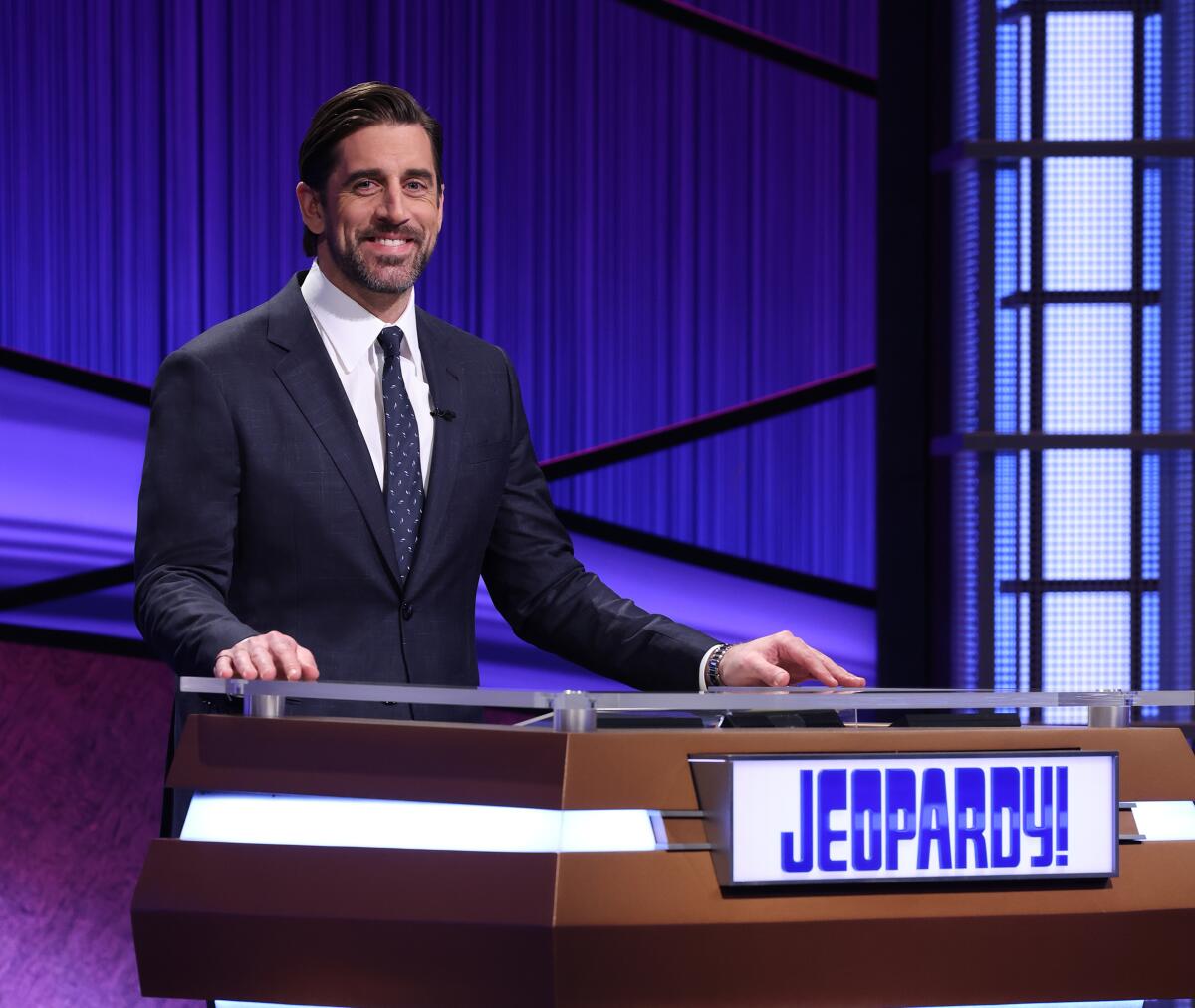 Aaron Rodgers on the "Jeopardy!" set.