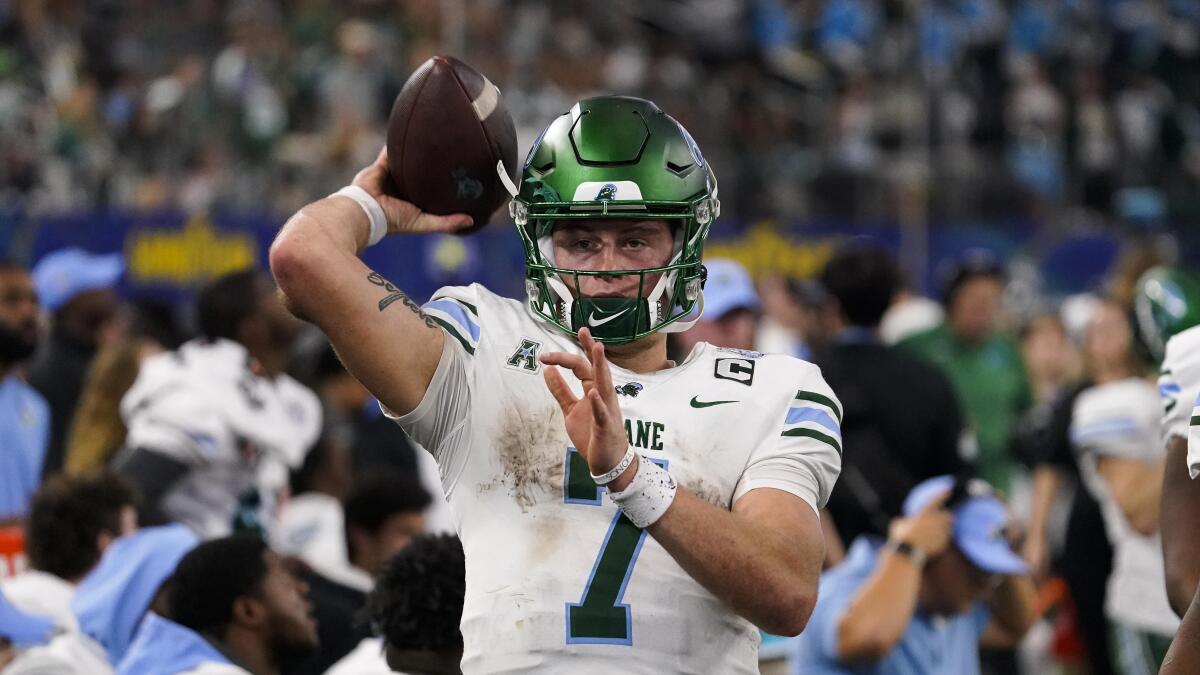 Tulane quarterback Michael Pratt throws on the sideline before a win over USC in the Cotton Bowl on Jan. 2.