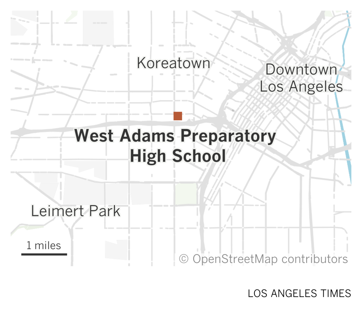A map of central Los Angeles shows the location of West Adams Preparatory High School in Pico-Union