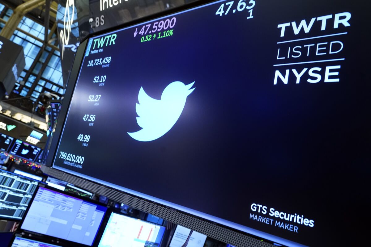 The logo for Twitter appears above a trading post on the floor of the New York Stock Exchange.