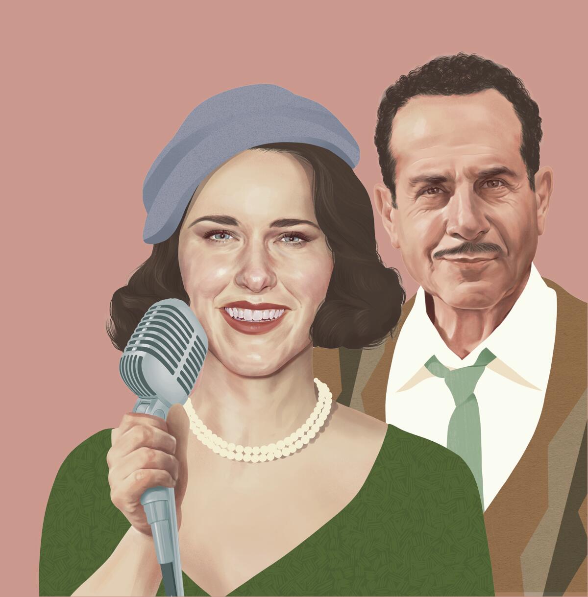 Illustration of Rachel Brosnahan as Miriam "Midge" Maisel and Tony Shalhoub as Abe Weissman.