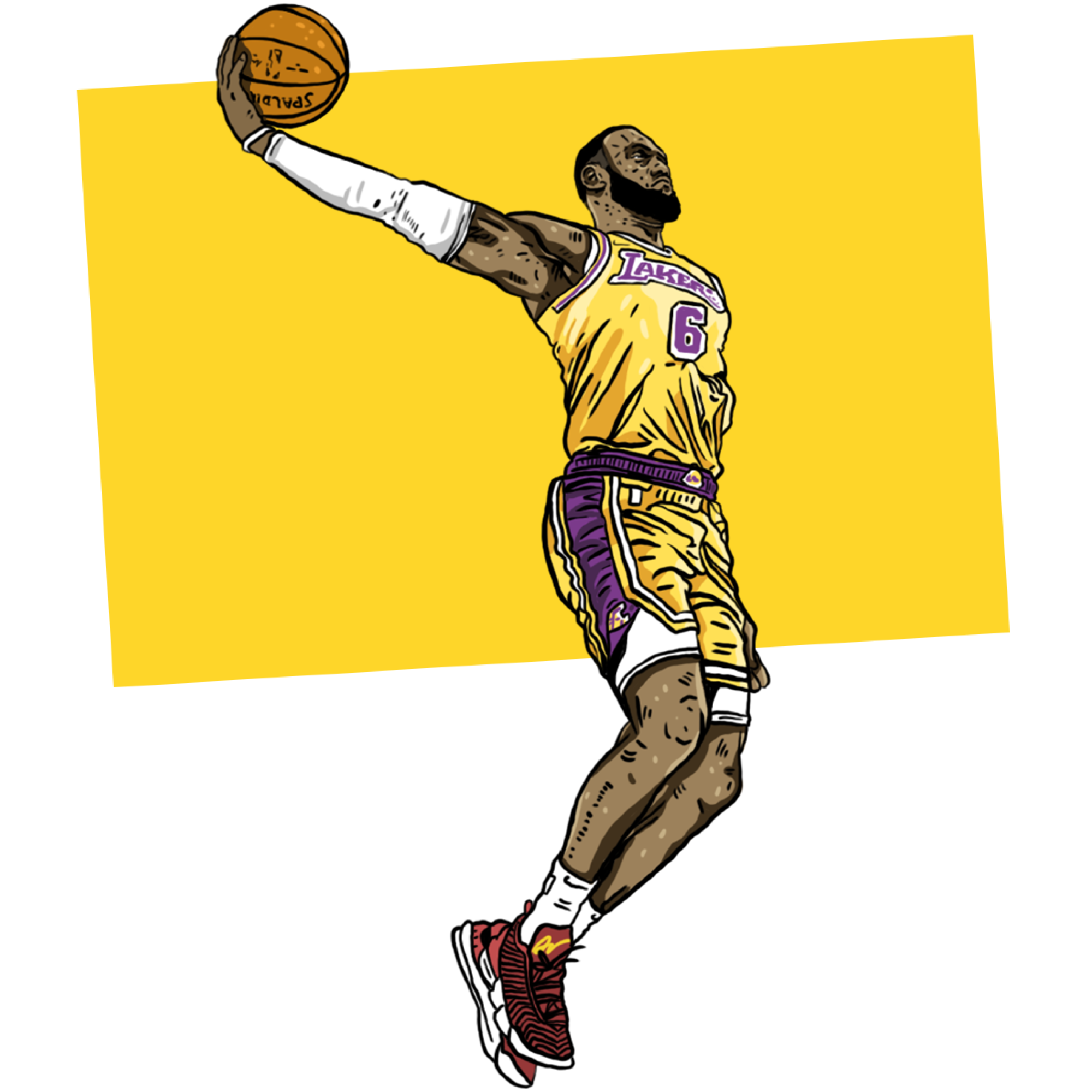 Illustration of LeBron James in a yellow #6 jersey jumping up with a ball in his right hand.