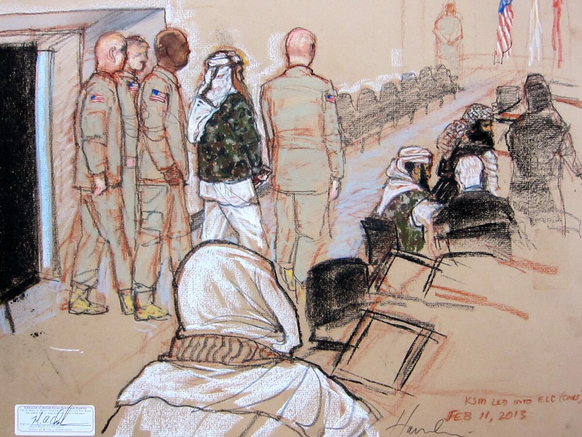 An artist's rendering of Khalid Shaikh Mohammed being escorted by four military officers.