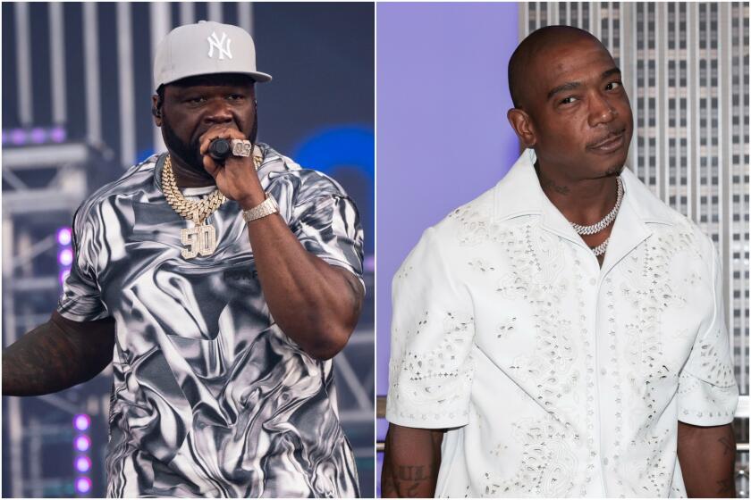 Split: left, 50 Cent wears a silver shirt and grey Yankee hat while sings onstage; right, Ja Rule wears a white shirt