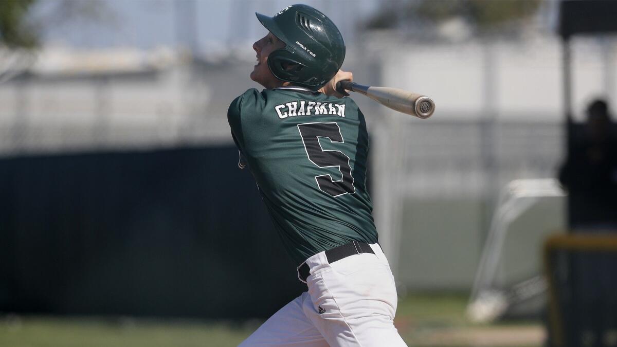 Costa Mesa High's Cameron Chapman, pictured hitting a single against Estancia on April 9, helped the Mustangs to a 10-1 win at Claremont Webb in the second round of the CIF Southern Section Division 6 playoffs Tuesday.