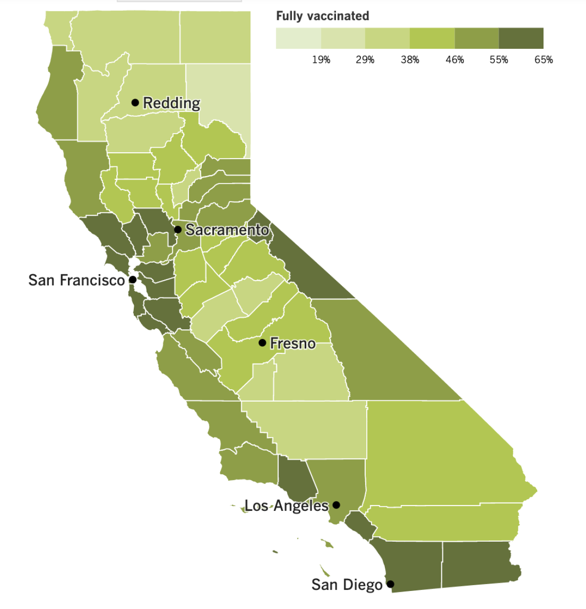 A map showing California's COVID-19 vaccination progress by county.