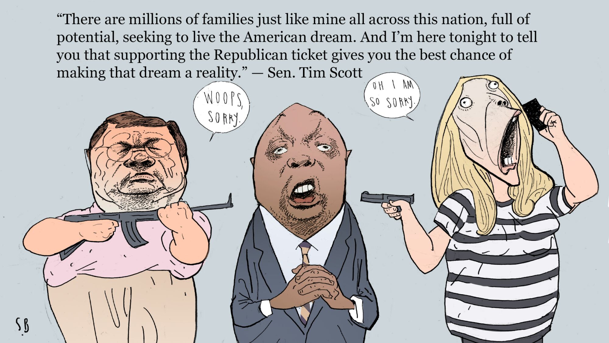 Steve Brodner's illustrated takeaways from Day One at the 2020 Republican National Convention