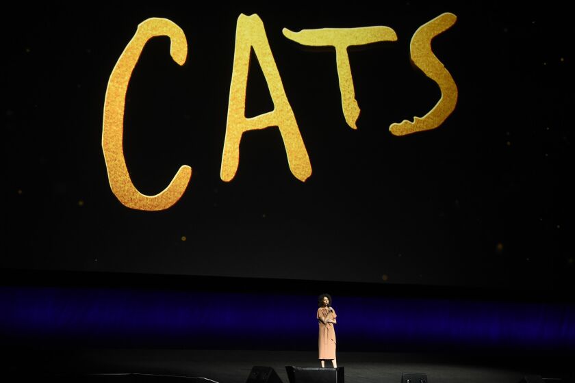 Donna Langley, chairman of the Universal Filmed Entertainment Group, announces the upcoming release "Cats" based on the musical, during the Universal Pictures presentation at CinemaCon 2019, the official convention of the National Association of Theatre Owners (NATO) at Caesars Palace, Wednesday, April 3, 2019, in Las Vegas. (Photo by Chris Pizzello/Invision/AP)