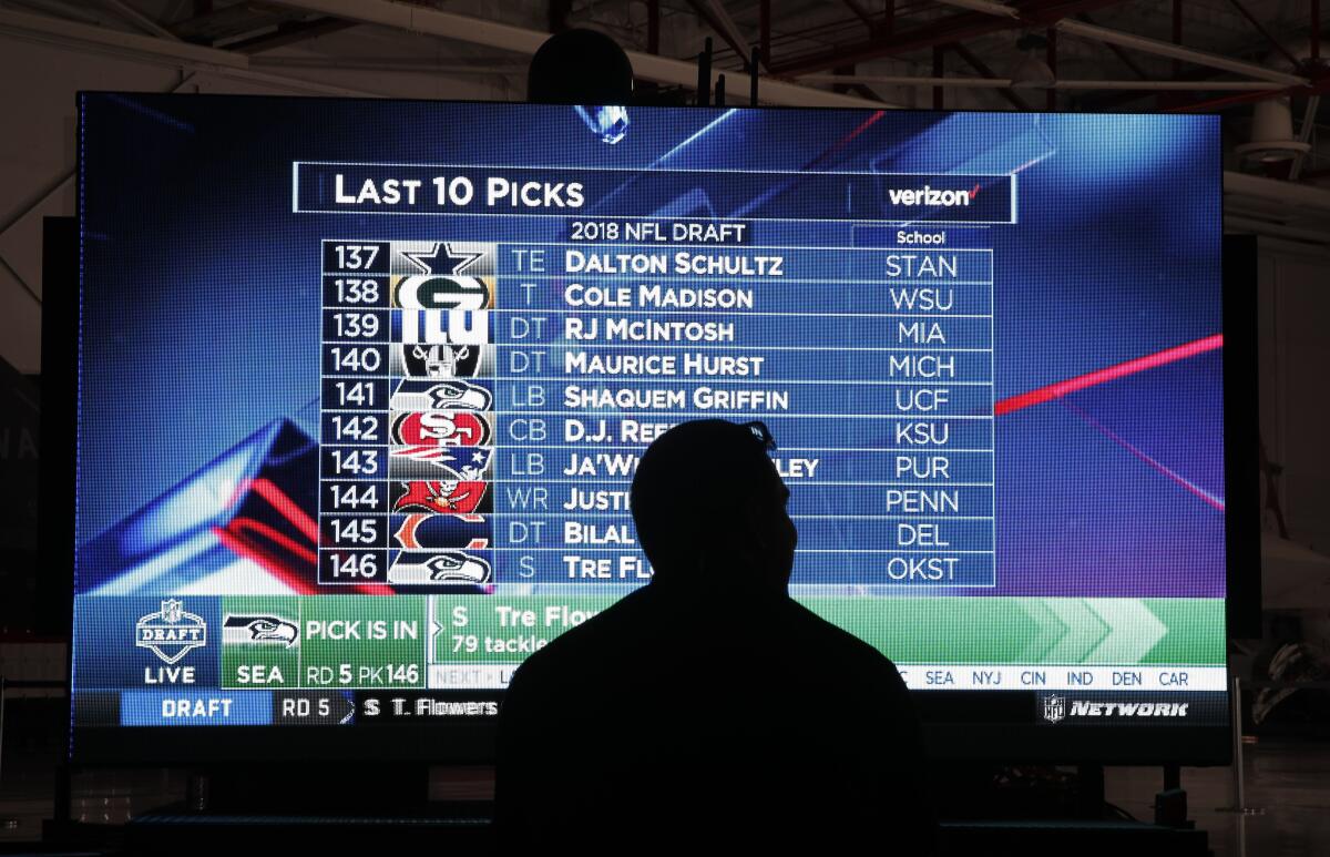 A man watches the NFL draft during an Oakland Raiders draft pick event in Las Vegas on April 28, 2018.