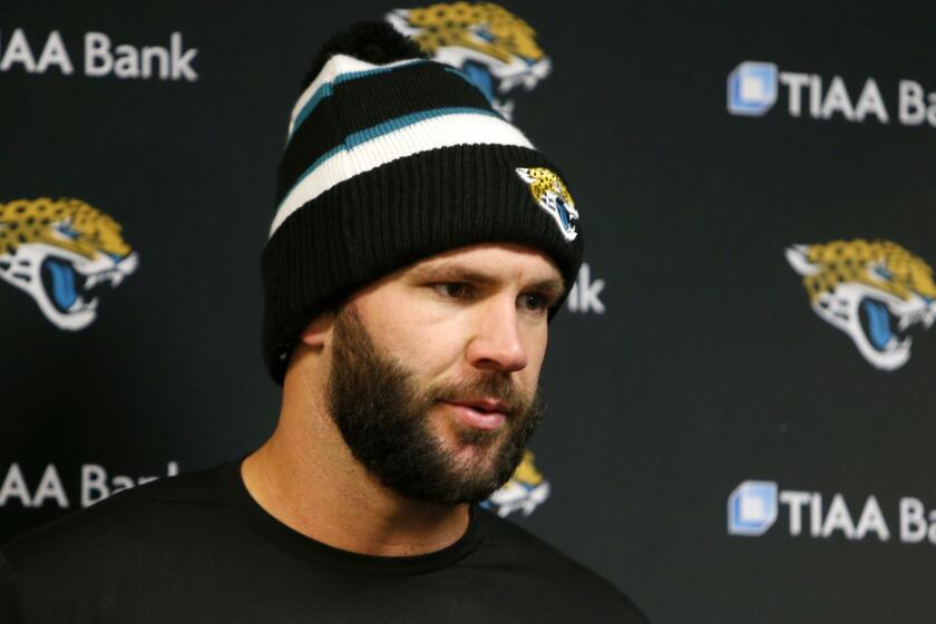 Jacksonville Jaguars quarterback Blake Bortles talks to reporters after an NFL football game against the Buffalo Bills, Sunday, Nov. 25, 2018, in Orchard Park, N.Y. The Bills won 24-21. (AP Photo/Jeffrey T. Barnes)