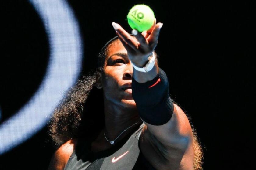 Serena Williams prepares to serve to Johanna Konta of Britain during their quarterfinal match at the Australian on Jan. 25.