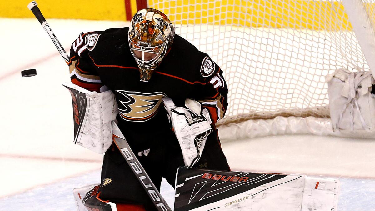 Ducks goalie Frederik Andersen makes one of his 22 saves against the Stars on Friday night.