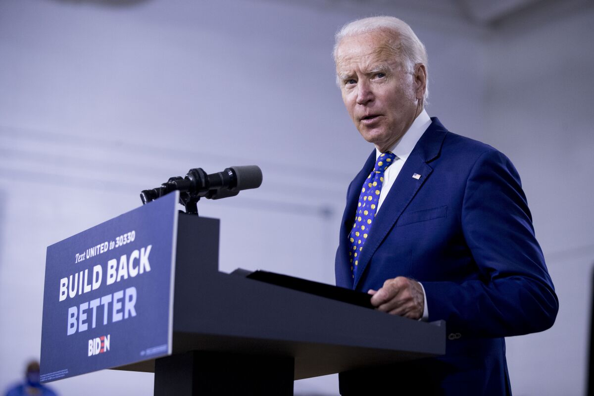 Joe Biden speaks at a July 28 campaign event in Delaware