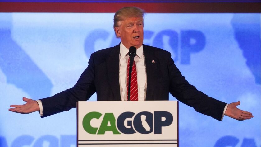 President Trump, seen here at the California Republican Party's spring convention in 2016, has a job approval in most polls this election season that roughly equals support for the GOP candidate for governor, John Cox.