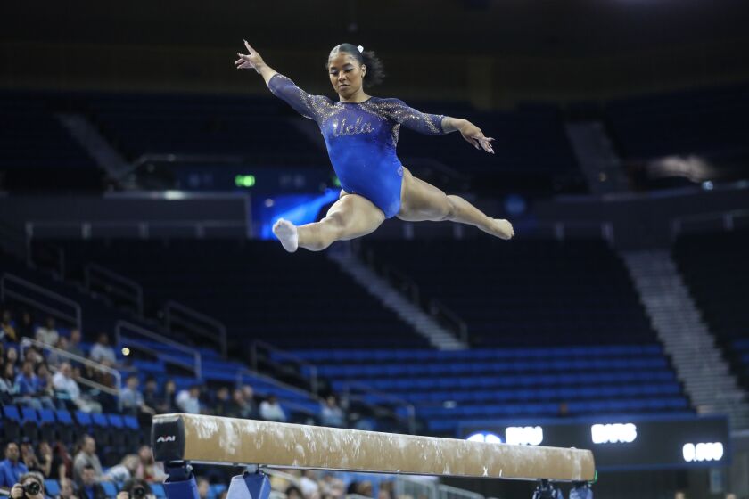 Los Angeles, CA - March 30: Jordan Chiles compete with UCLA gymnastics at the NCAA Los Angeles Regional on Thursday, March 30, 2023 in Los Angeles, CA. (Jason Armond / Los Angeles Times)
