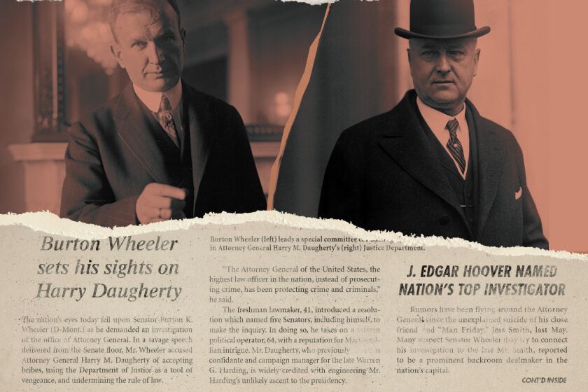 Sen. Burton Wheeler, left, and his corruption target, Attorney General Harry Daugherty, in a detail from the cover of Nathan Masters' new history, 'Crooked.'