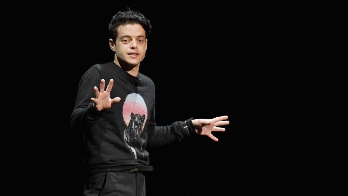 Rami Malek talks about portraying Freddie Mercury in "Bohemian Rhapsody" at CinemaCon this week.