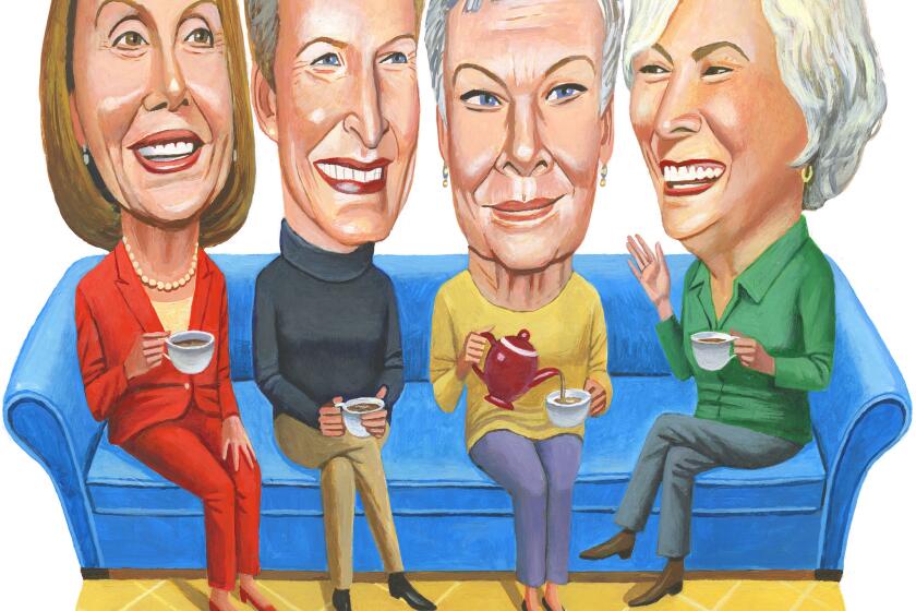 la-et-mary-mcnamara-seventy-is-new-fabulous -- For Mary McNamara column: From Glenn Close to `Hello Dolly!" a growing group of women prove that 70 is the new fabulous. L/R:Nacy Pelosi, Glen Close, Judi Dench, and Betty Buckley. Illustration by Charlie Powell / For The Times