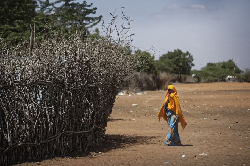 FILE - A Somali refugee girl walks past the fence surrounding a hut at Dadaab refugee camp, then hosting over 230,000 inhabitants, in northern Kenya on Dec. 19, 2017. Hundreds of refugees in Kenya's Dadaab camps have been affected by a cholera outbreak as the population in the facilities grows rapidly, a humanitarian charity said Tuesday, May 30, 2023. (AP Photo/Ben Curtis, File)