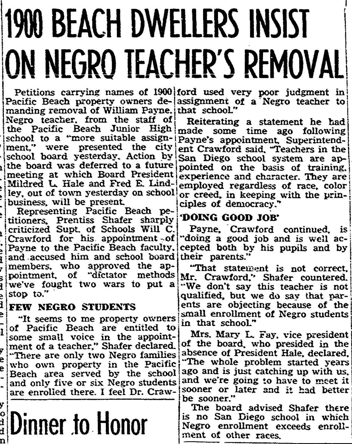 San Diego Union headlines on controversy over hiring  William Payne, a Black teacher, in 1945