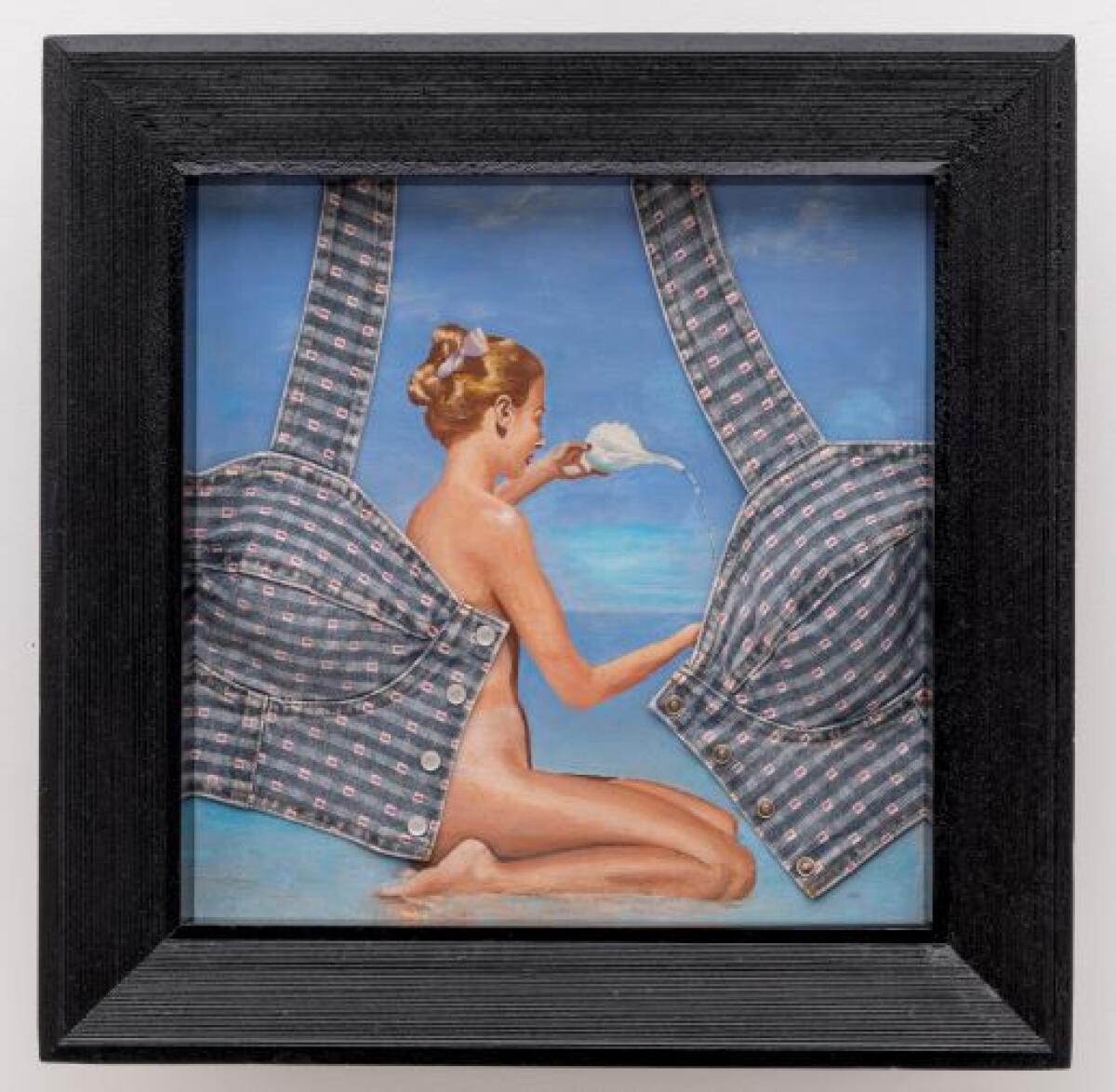 A kneeling naked woman pours water in a collage that also features an unbuttoned women's top.