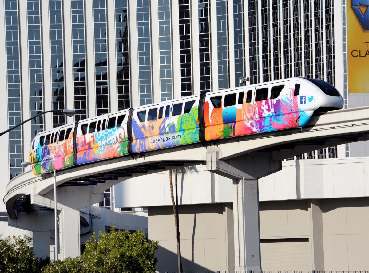 A colorful monorail train travels along Paradise Road in Las Vegas. (Las Vegas News Bureau)