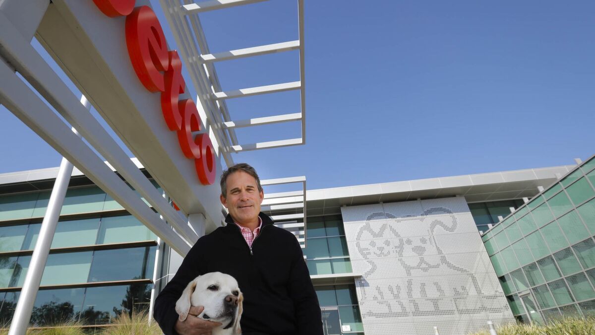 Ron Coughlin, Petco CEO, with his dog, Yummy, a yellow Labrador Retriever, at the company headquarters in Rancho Bernardo.