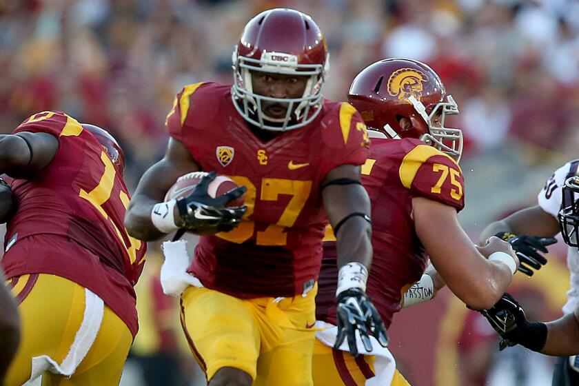 USC tailback Javorius Allen looks for room to run during a loss to Arizona State Oct 4.