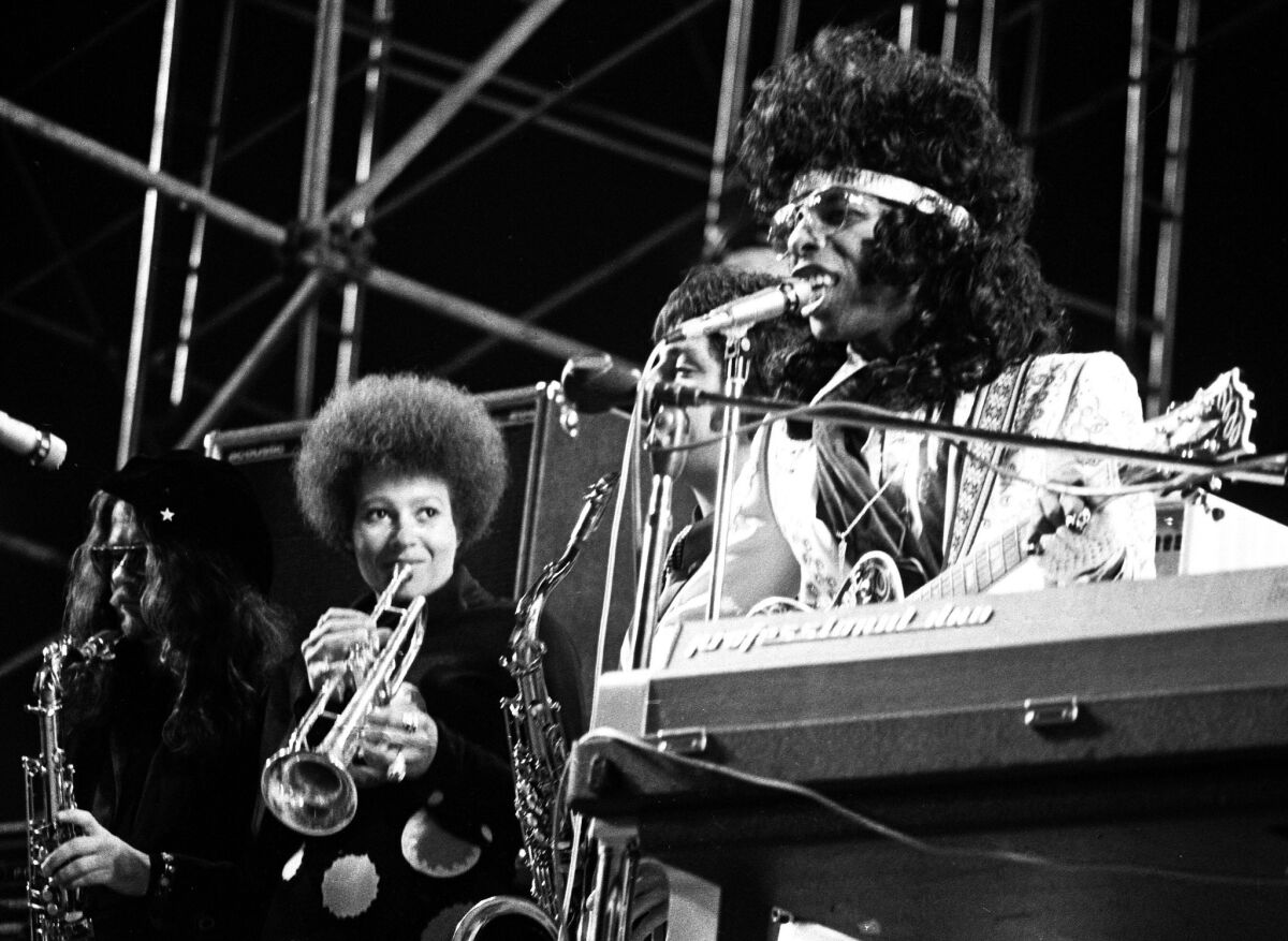 Sly and The Family Stone perform onstage at the Los Angeles Free Clinic Benefit, circa 1972. Stone's $5-million royalties judgment is in jeopardy.