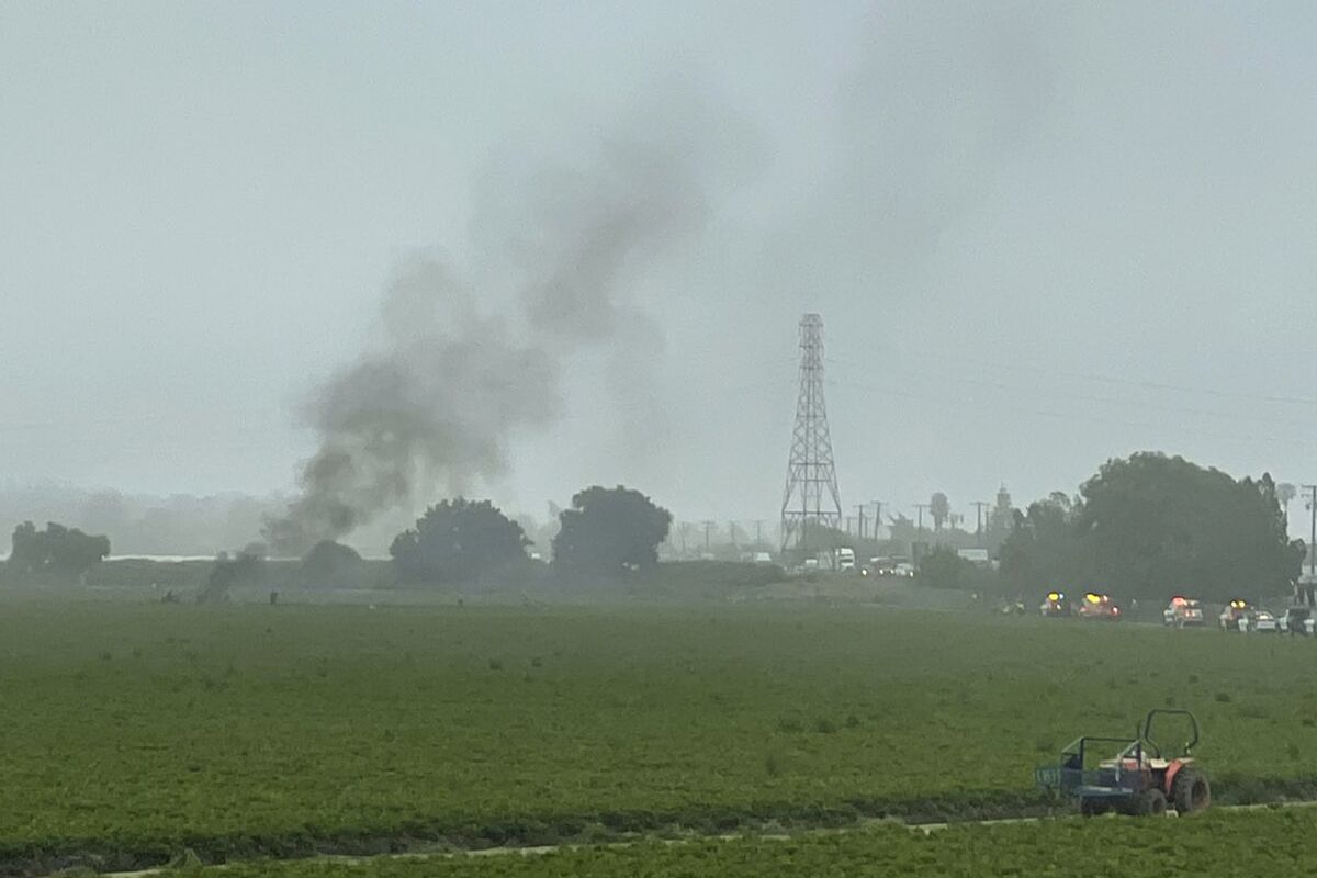 In this photo provided by the Ventura County Fire Department is the scene where a small plane crashed and burned in a strawberry field in Oxnard, Calif., on Friday, June 10, 2022.. (Ventura County Fire Department via AP)