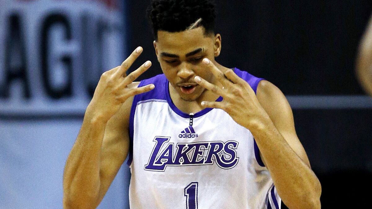 Lakers point guard D'Angelo Russell reacts after scoring against the Minnesota Timberwolves during a summer league game on July 10 in Las Vegas.