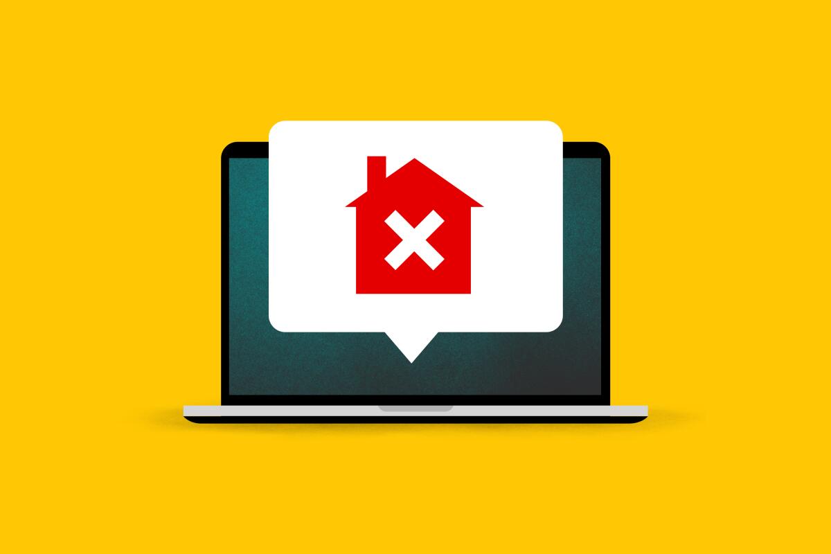 Illustration of a laptop computer with a popup window of a red house with an X in the center.