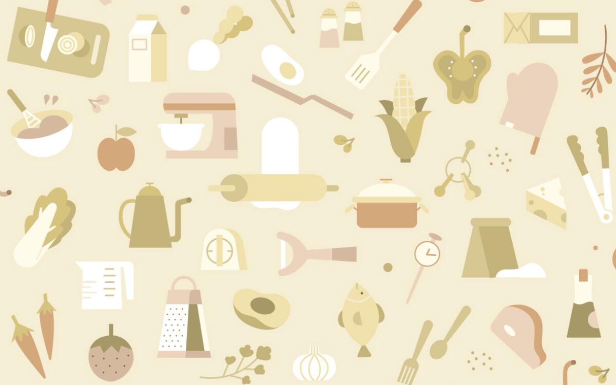 Illustration of food and kitchen utensils