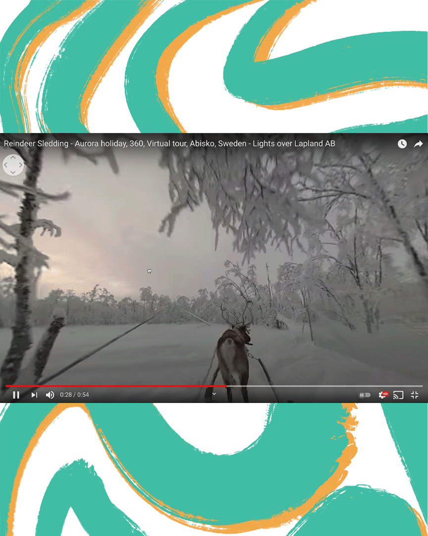 video of interactive sleigh ride lays on top of blue and yellow squiggle background