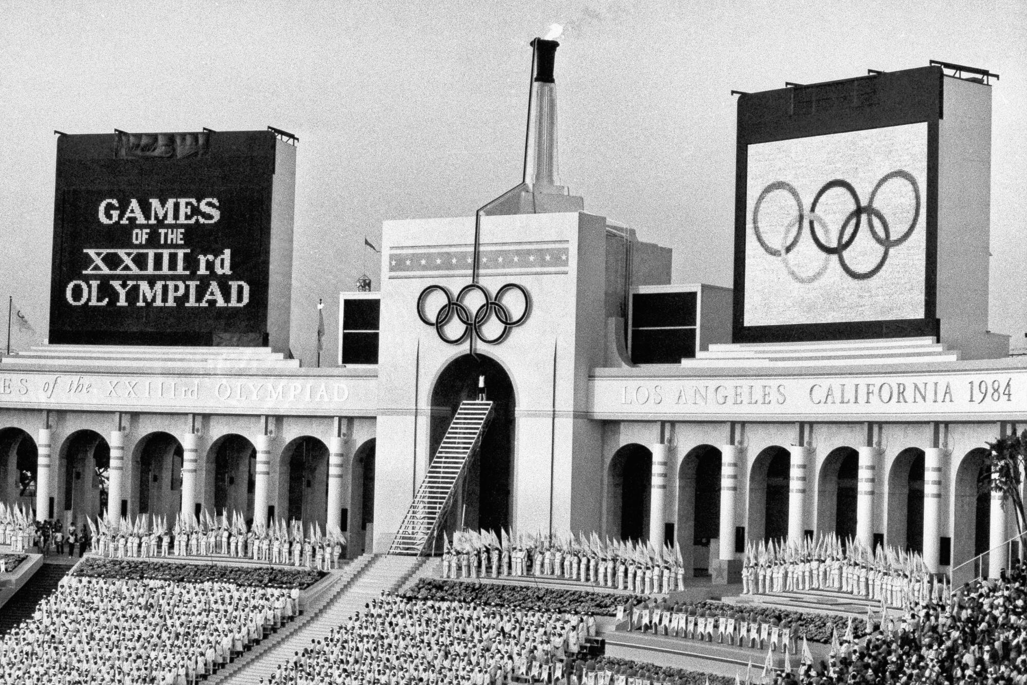 Scene at the 1984 Summer Olympic Games after the flame was lit by Rafer Johnson during the opening ceremonies.
