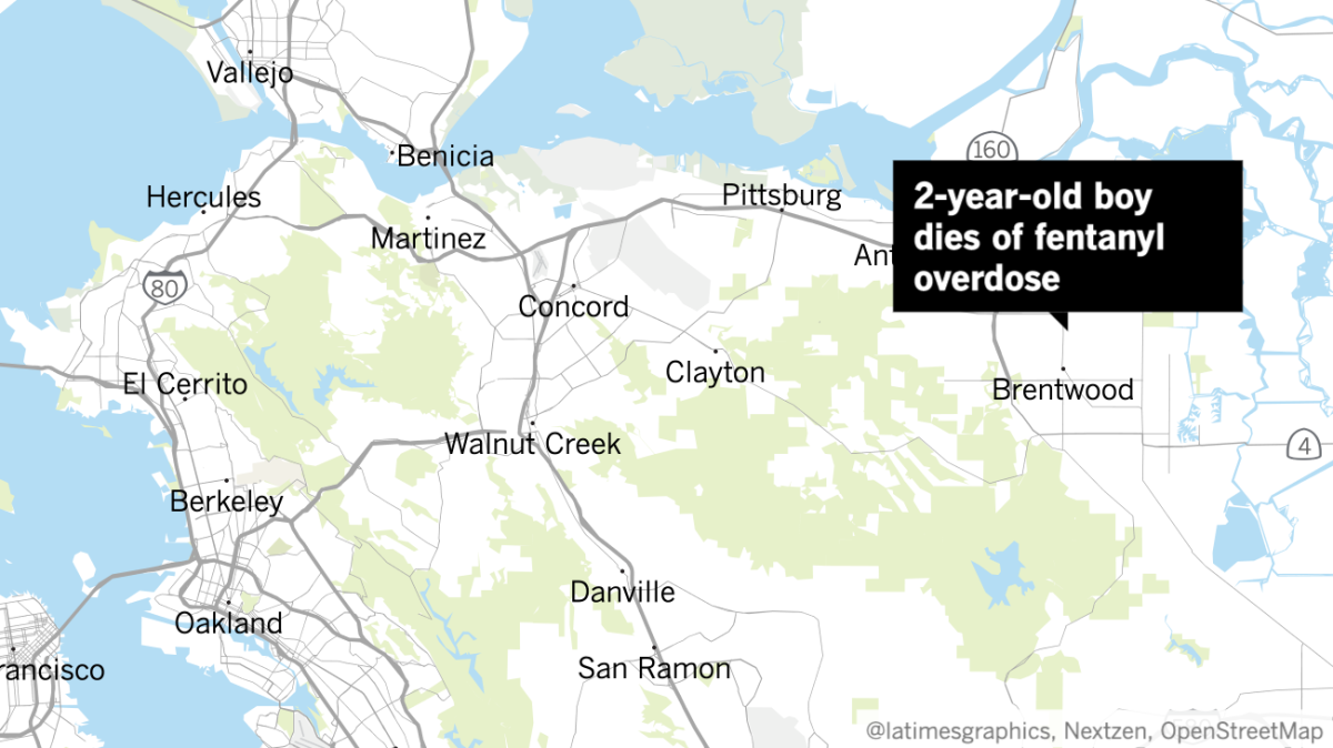 Map shows location of Brentwood, Calif., where a 2-year-old boy was found dead of a fentanyl overdose in September