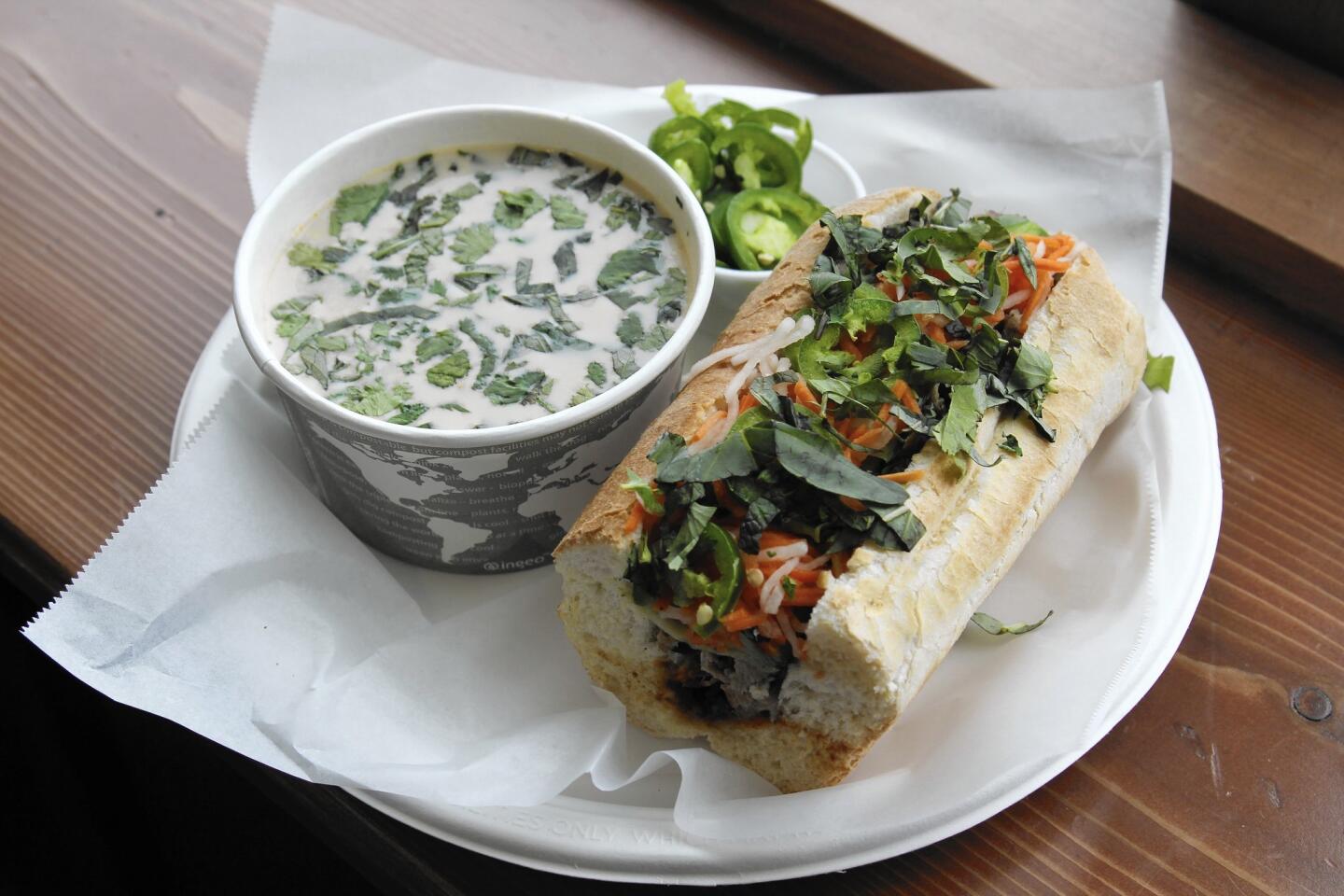 On the lunch menu at Red Pine Lodge, Thai chicken coconut soup complements sweet chili pork banh mi.