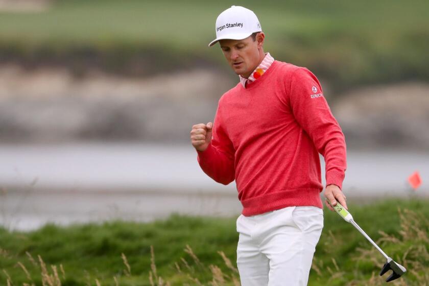PEBBLE BEACH, CALIFORNIA - JUNE 13: Justin Rose of England reacts to a shot on the 17th green during the first round of the 2019 U.S. Open at Pebble Beach Golf Links on June 13, 2019 in Pebble Beach, California. (Photo by Christian Petersen/Getty Images) ** OUTS - ELSENT, FPG, CM - OUTS * NM, PH, VA if sourced by CT, LA or MoD **