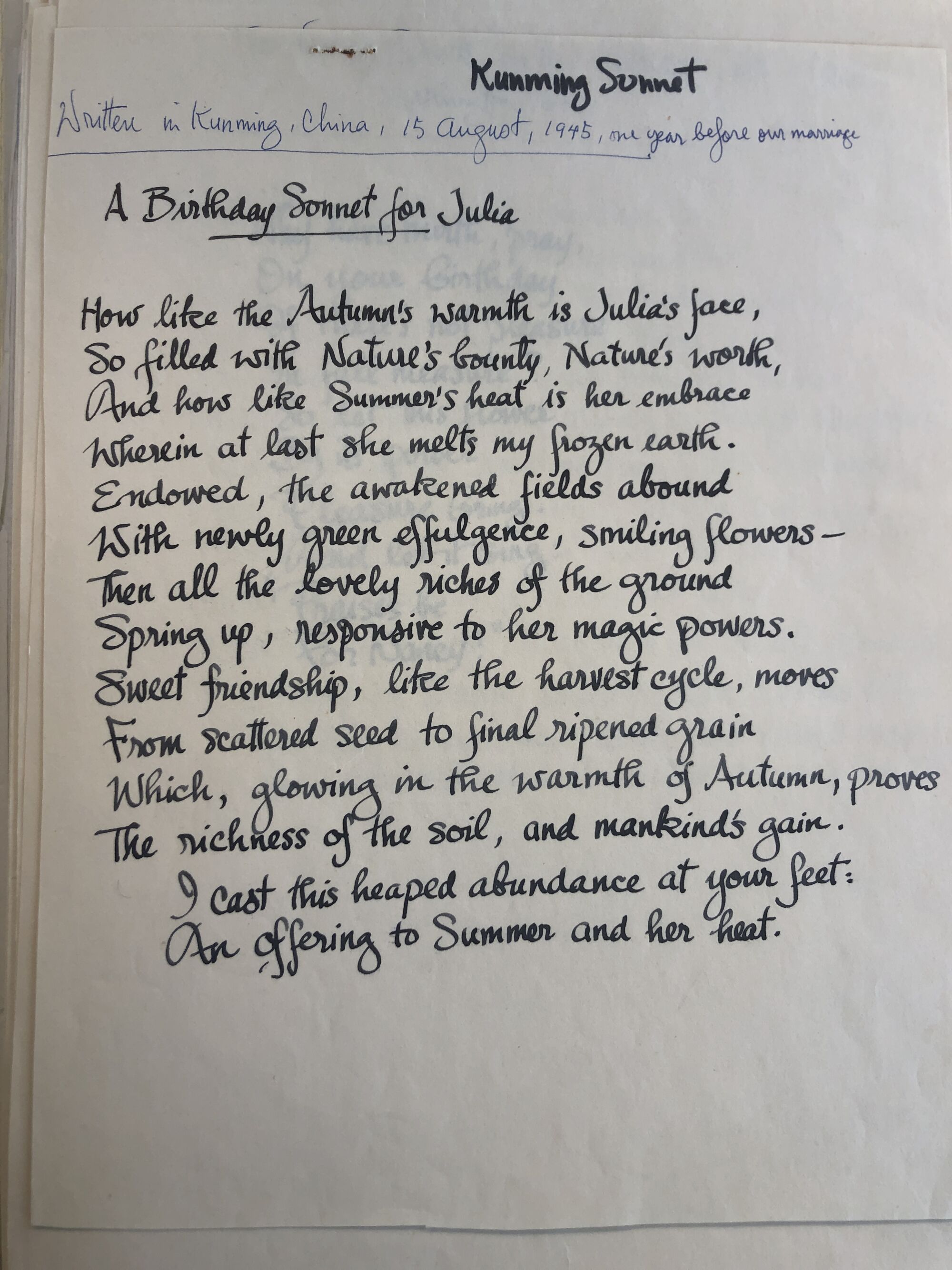 A birthday sonnet from Paul Cushing Child to Julia Child 