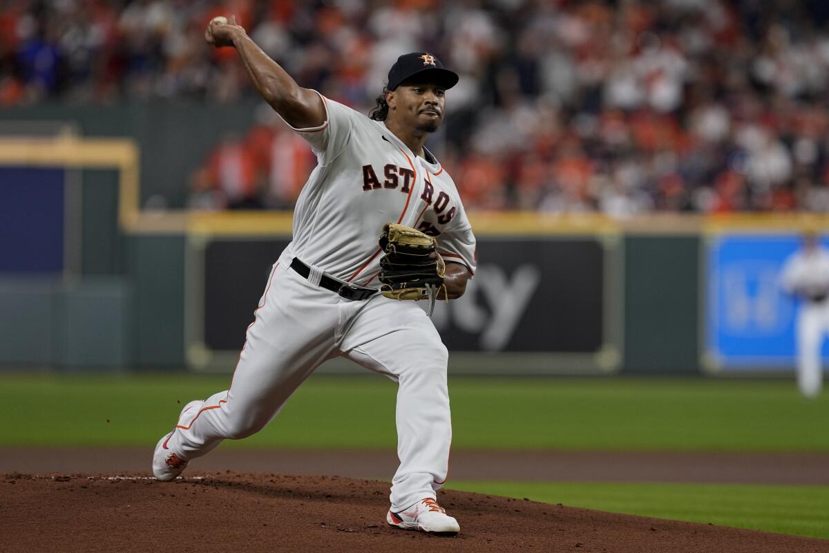 Houston Astros starting pitcher Luis Garcia delivers against the Boston Red Sox in the first inning Friday.