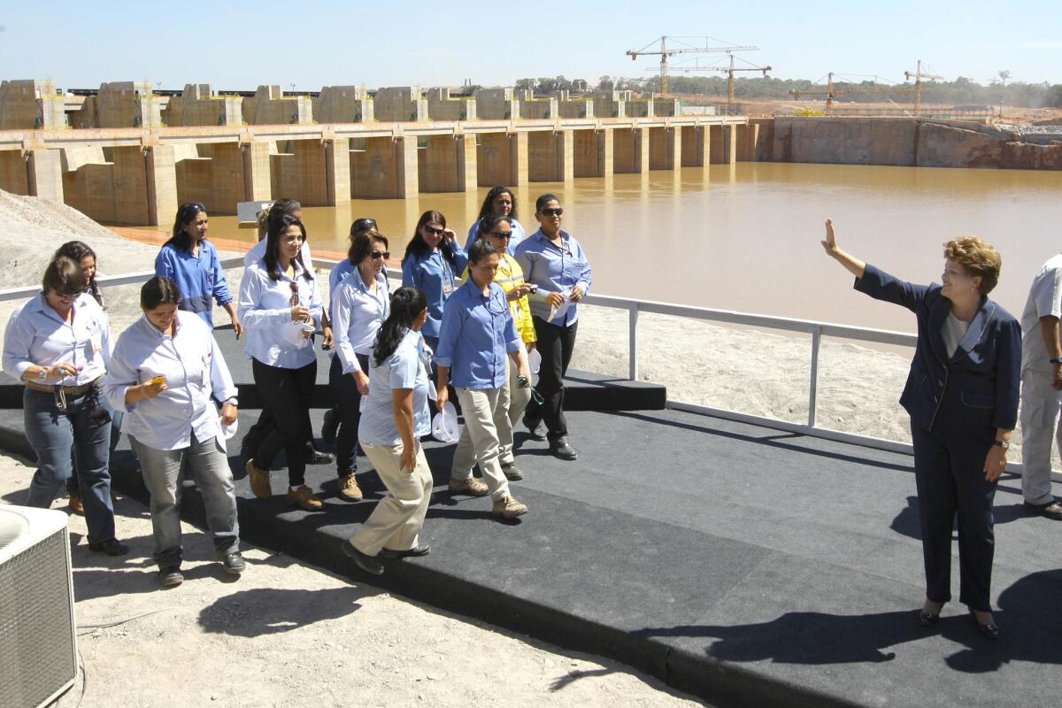 Brazil's then-President Dilma Rousseff attends an inaugural ceremony on July 5, 2011, for the Santo Antonio dam in Rondonia state, northern Brazil.