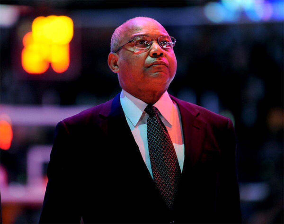 Bernie Bickerstaff listens to the National Anthem prior to his debut as the Lakers interim head coach.