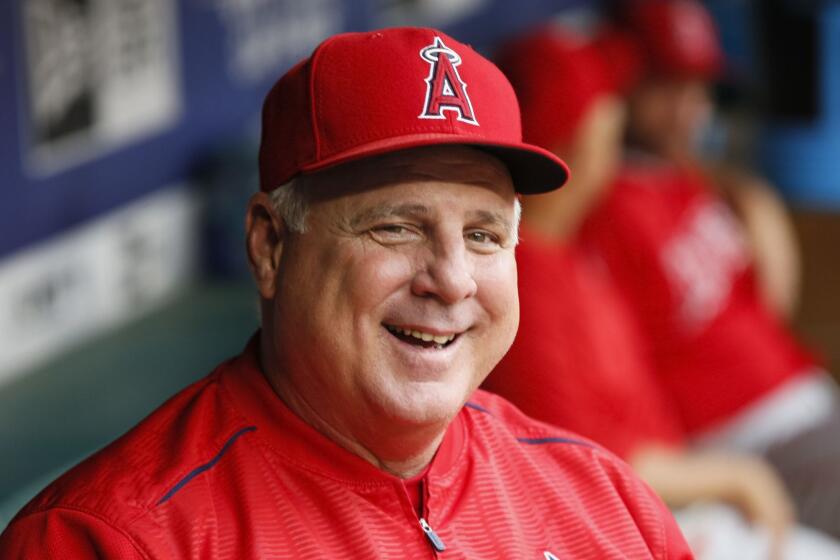 Los Angeles Angels manager Mike Scioscia smiles in the dugout prior to a baseball game against the Texas Rangers, Wednesday, Sept. 5, 2018, in Arlington, Texas. (AP Photo/Ray Carlin)