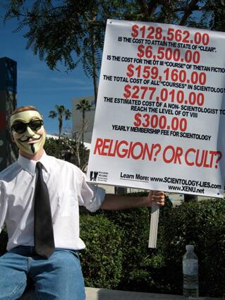 February: Anonymous takes to the streets. A shadowy group of young rabble-rousers was more than a little unhappy at Scientology's efforts to clean up YouTube. The movement caught on big time, and before long, masked young people were demonstrating outside church locations around the world.