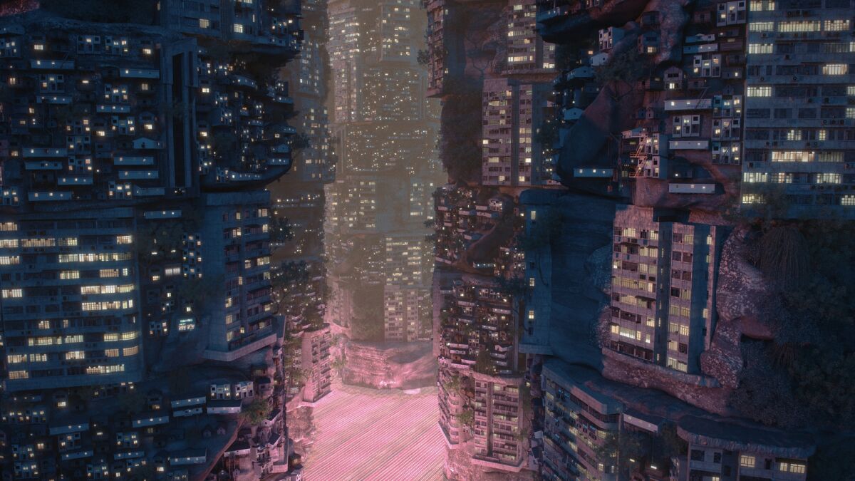 Concept art for “Planet City,” SCI-Arc’s “Pacific Standard Time" exhibition in 2024.