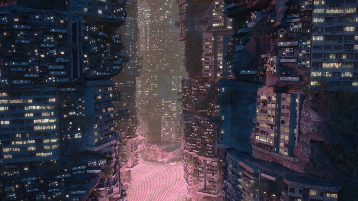 Concept art for “Planet City,” SCI-Arc’s “Pacific Standard Time" exhibition in 2024.