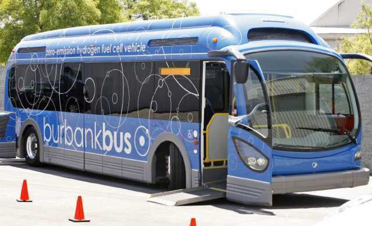 A hydrogen-powered bus is on display at the Bob Hope Airport. The city could get one this summer.