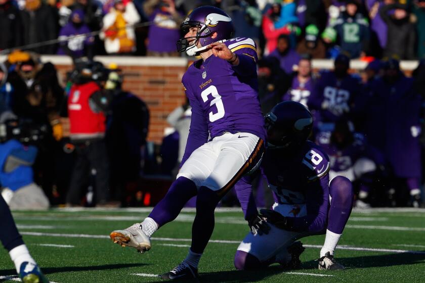 Minnesota's Blair Walsh misses a 27-yard field goal attempt in the fourth quarter against the Seattle Seahawks.